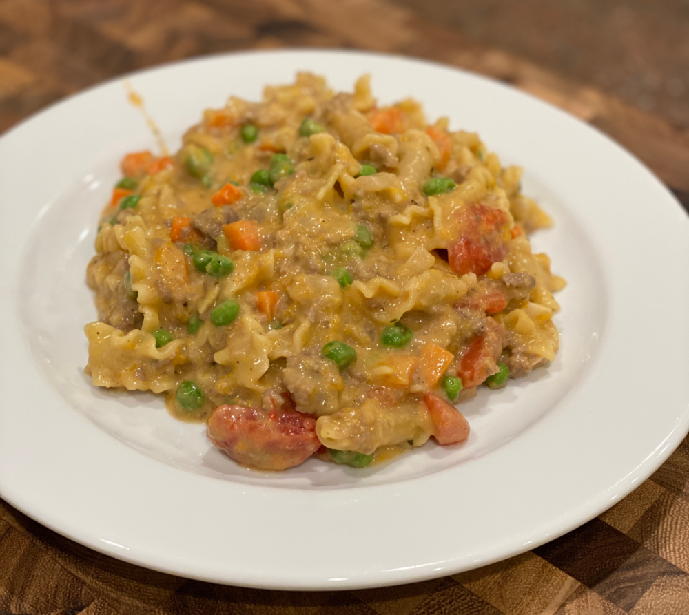 creamy squash & beef skillet pasta plated