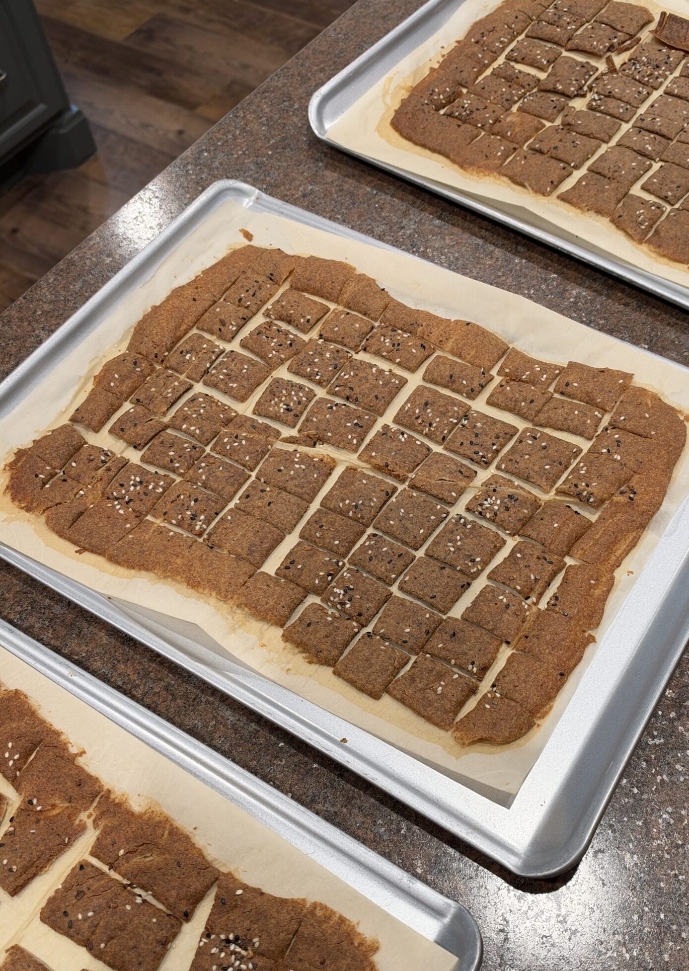 baking sheet with fresh homemade sourdough discard crackers on it.
