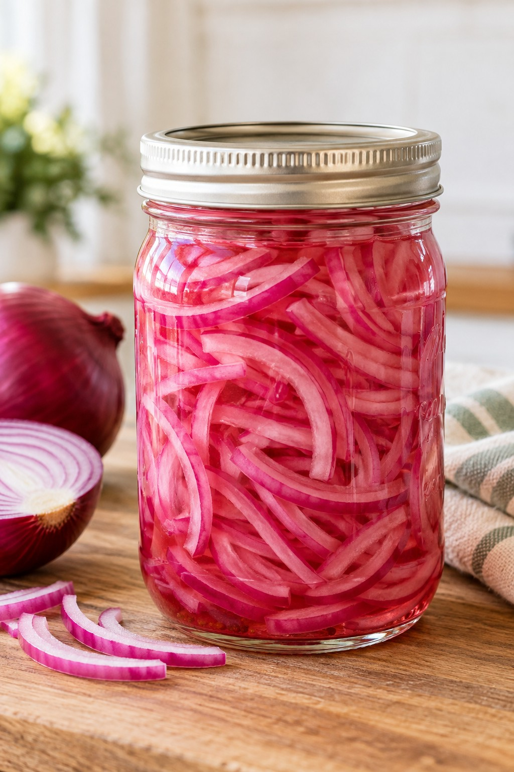 Wide mouth pint jar of quick pickled red onions
